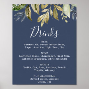 Affiche Panneau de menu de boissons de mariage bleu marine