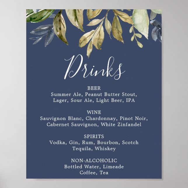 Affiche Panneau de menu de boissons de mariage bleu marine (Devant)