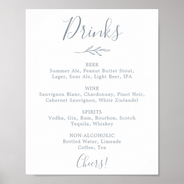 Affiche Panneau de menu de boissons de mariage bleu poussi (Devant)