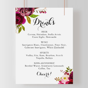 Affiche Panneau de menu de boissons de mariage bordeaux bl