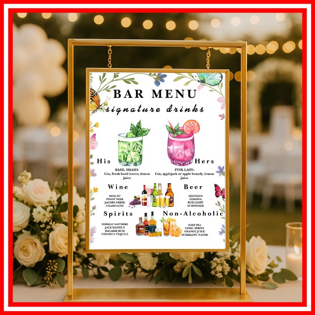 Affiche Panneau de Menu de Boissons de Mariage Fleur de Bo (Créateur téléchargé)