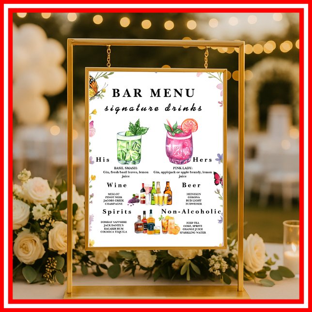 Affiche Panneau de Menu de Boissons de Mariage Fleur de Bo (Créateur téléchargé)