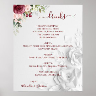 Affiche Panneau de menu de boissons de mariage floral