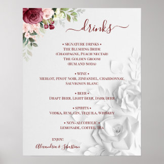 Affiche Panneau de menu de boissons de mariage floral