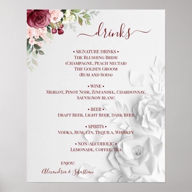 Affiche Panneau de menu de boissons de mariage floral (Devant)