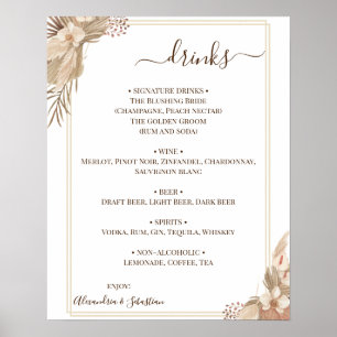 Affiche Panneau de menu de boissons de mariage floral