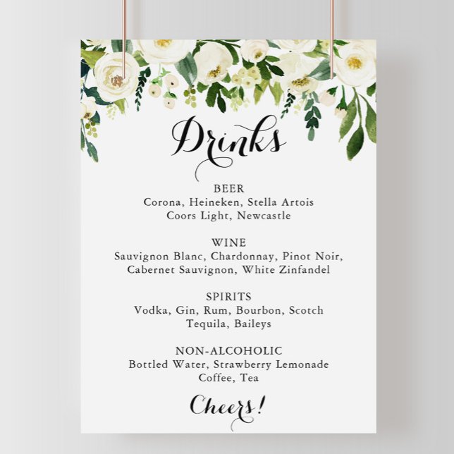 Affiche Panneau de menu de boissons de mariage floral blan (Créateur téléchargé)