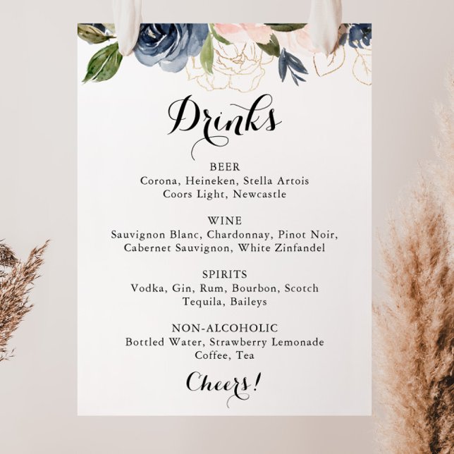 Affiche Panneau de menu de boissons de mariage floral élég (Créateur téléchargé)
