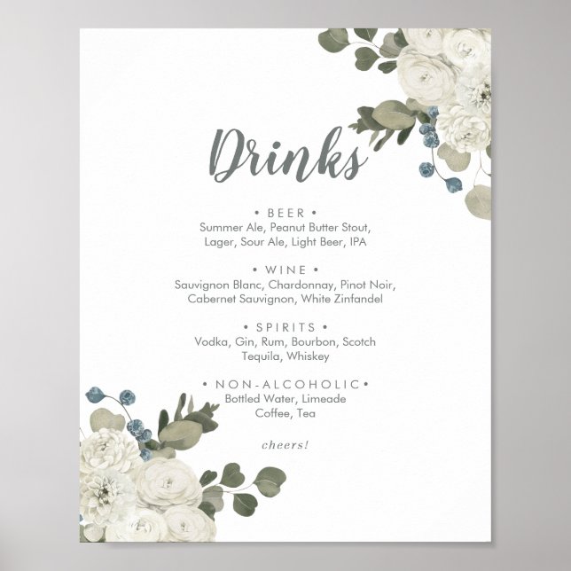 Affiche Panneau de menu de boissons de mariage floral hive (Devant)