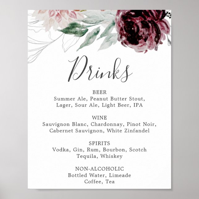 Affiche Panneau de menu de boissons de mariage Floral Roma (Devant)