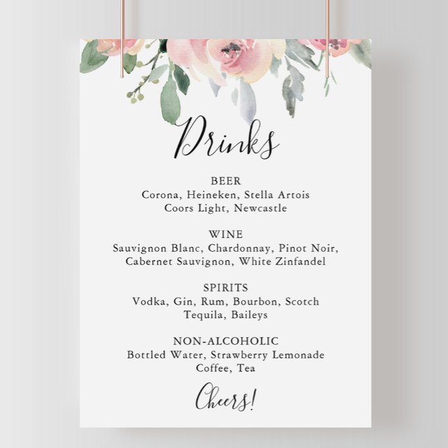 Affiche Panneau de menu de boissons de mariage floral rose (Créateur téléchargé)