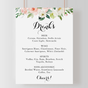Affiche Panneau de menu de boissons de mariage floral vert