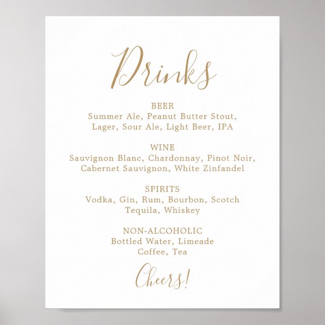 Affiche Panneau de menu de boissons de mariage or minimali (Devant)