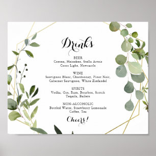 Affiche Panneau de menu de boissons de mariage tropical or