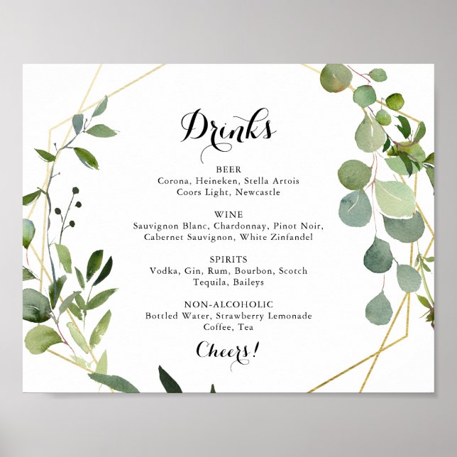 Affiche Panneau de menu de boissons de mariage tropical or (Devant)