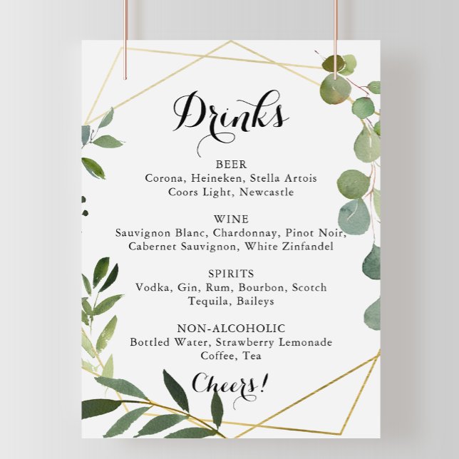 Affiche Panneau de menu de boissons de mariage tropical or (Créateur téléchargé)
