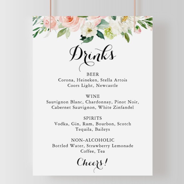 Affiche Panneau de menu de boissons de mariage vert floral (Créateur téléchargé)