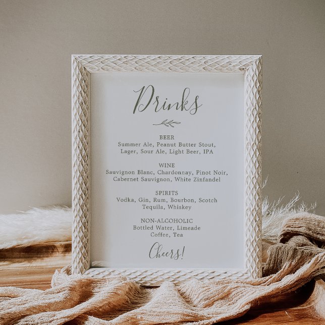 Affiche Panneau de menu de boissons de mariage vert olive  (Créateur téléchargé)
