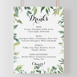 Affiche Panneau de menu de boissons de mariage vert tropic