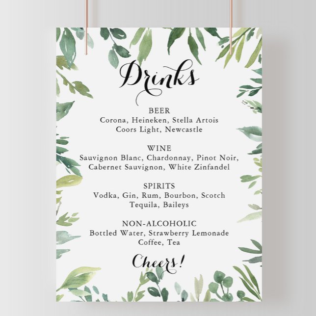 Affiche Panneau de menu de boissons de mariage vert tropic (Créateur téléchargé)