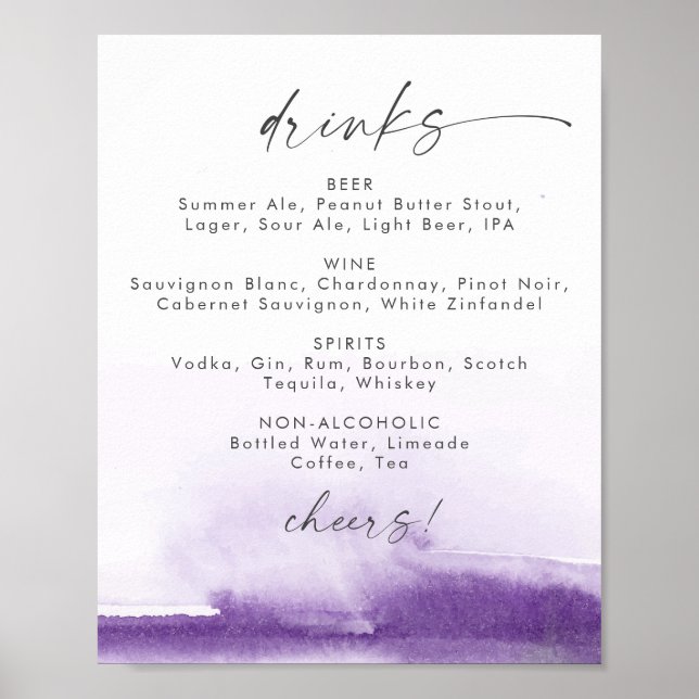 Affiche Panneau de menu de boissons de mariage violet à l' (Devant)