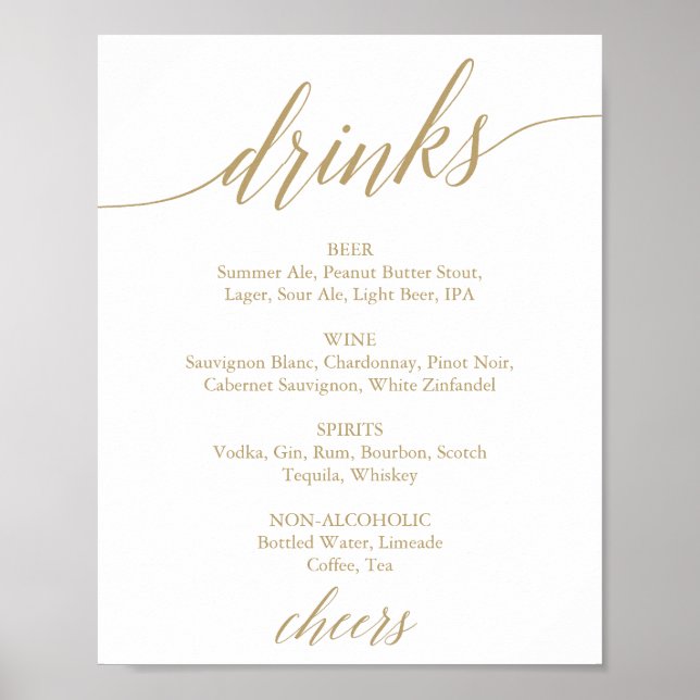 Affiche Panneau de menu de boissons en calligraphie dorée  (Devant)