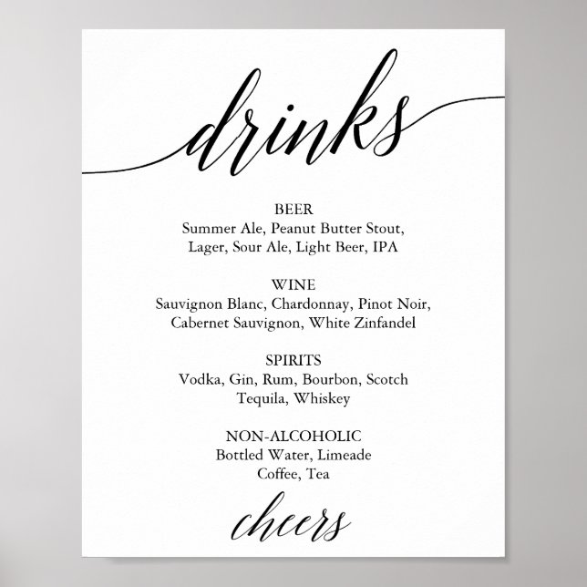 Affiche Panneau de menu de boissons en calligraphie noire  (Devant)