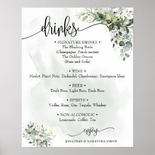 Affiche Panneau de menu de boissons mariage eucalyptus suc