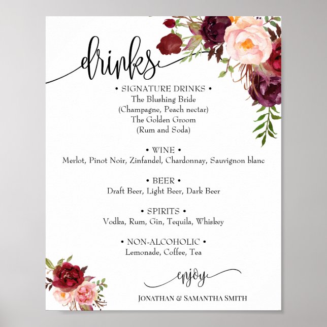 Affiche Panneau de menu de boissons mariage marsala floral (Devant)