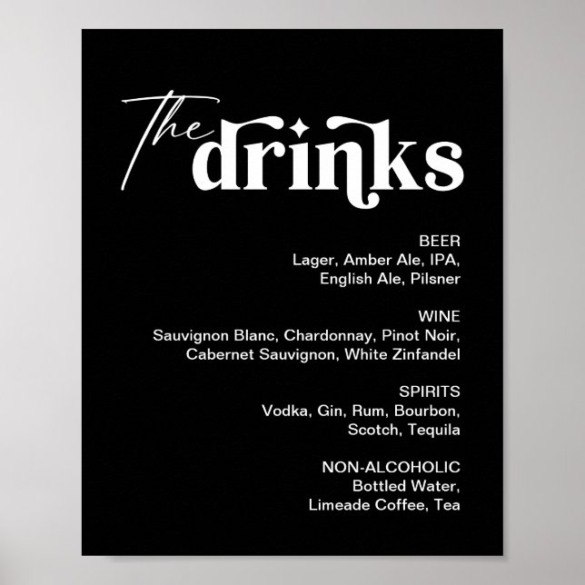 Affiche Panneau de menu de boissons noires pour mariage (Devant)