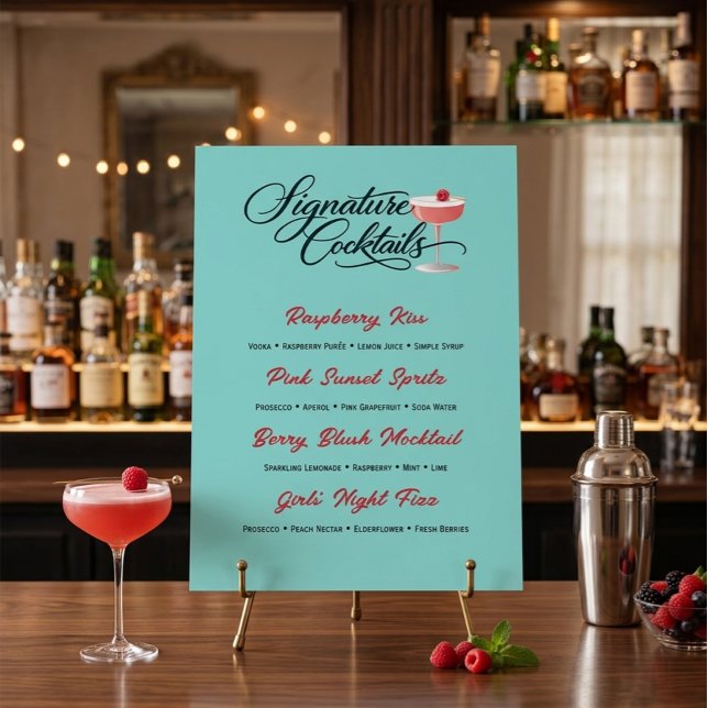 Affiche Panneau de menu de cocktail framboise vibrant  (Créateur téléchargé)