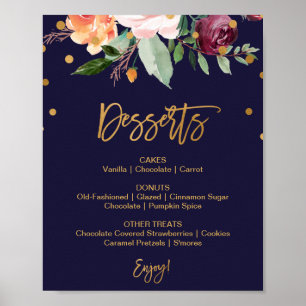 Affiche Panneau de menu de dessert de mariage floral d'aut