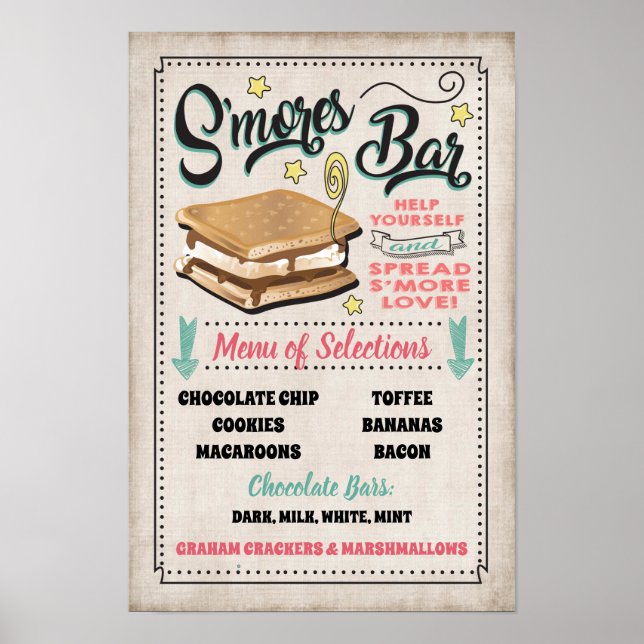 Affiche Panneau de menu de la barre à S'mores pour fête (Devant)