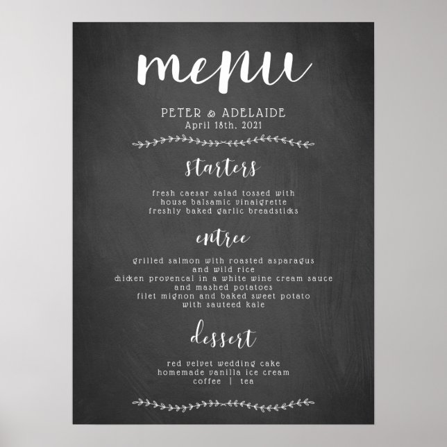 Affiche Panneau de menu de mariage à craie rustique / Affi (Devant)