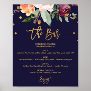 Affiche Panneau de menu de mariage au bar floral d'automne