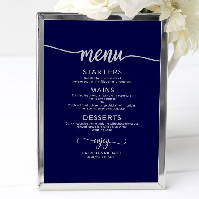 Affiche Panneau de menu de mariage calligraphie bleu marin (Créateur téléchargé)