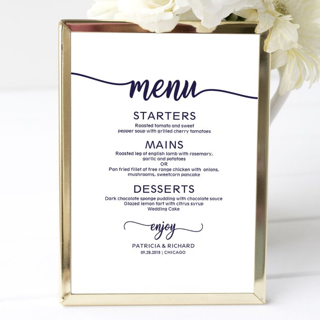 Affiche Panneau de menu de mariage chic bleu marine callig (Créateur téléchargé)