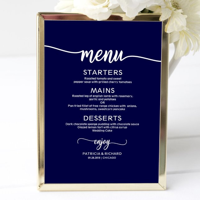 Affiche Panneau de Menu de Mariage Chic Calligraphie Bleu  (Créateur téléchargé)