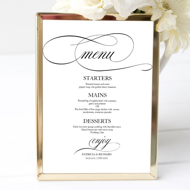 Affiche Panneau de menu de mariage chic écriture noire (Créateur téléchargé)