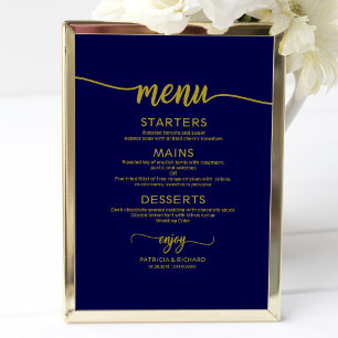 Affiche Panneau de menu de mariage Chic or bleu marine Cal