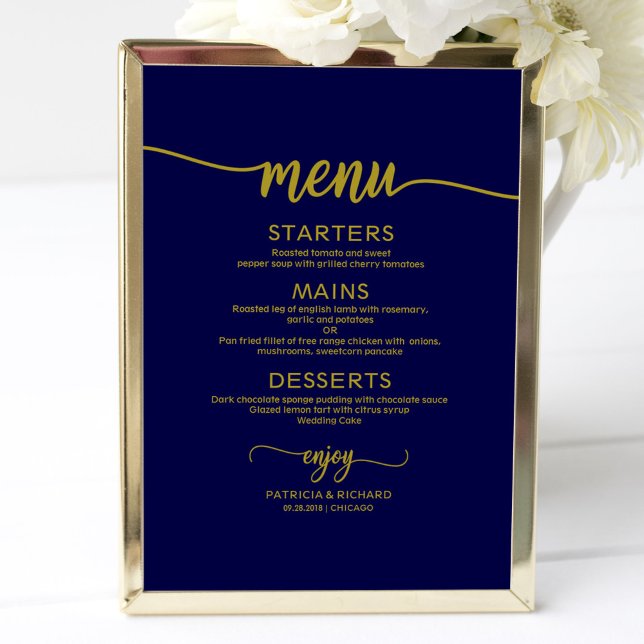 Affiche Panneau de menu de mariage Chic Or Bleu Marine Cal (Créateur téléchargé)