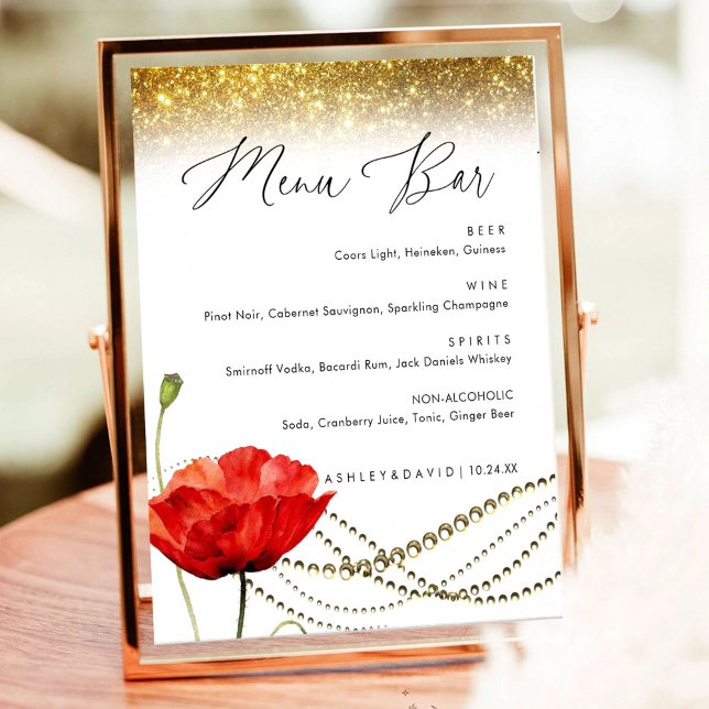 Affiche Panneau de menu de mariage élégant Glitter Poppy (Créateur téléchargé)