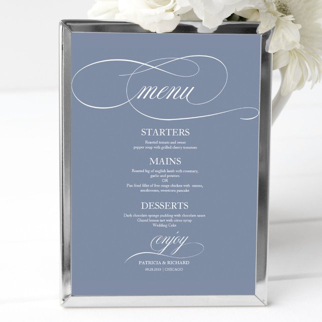Affiche Panneau de menu de mariage élégant simple bleu pou (Créateur téléchargé)