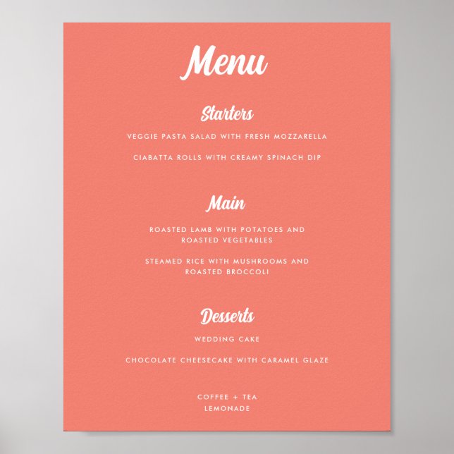 Affiche Panneau de menu de mariage moderne rose corail écr (Devant)