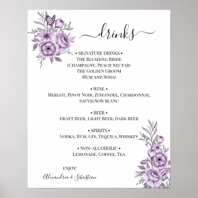Affiche Panneau de menu des boissons de mariage à l'orchid (Devant)