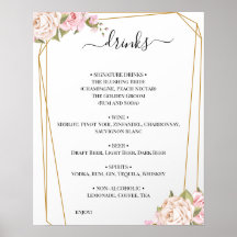 Panneau de menu des boissons de mariage aux roses