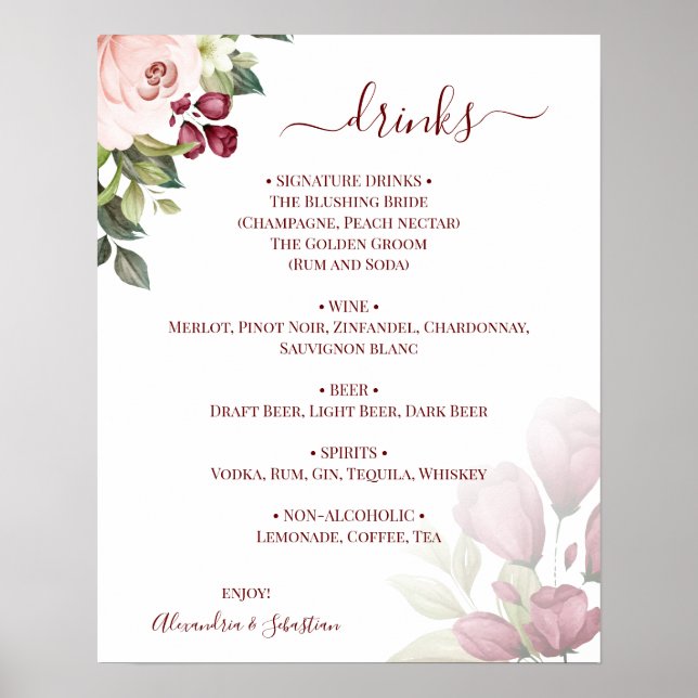 Affiche Panneau de menu des boissons de mariage aux roses  (Devant)