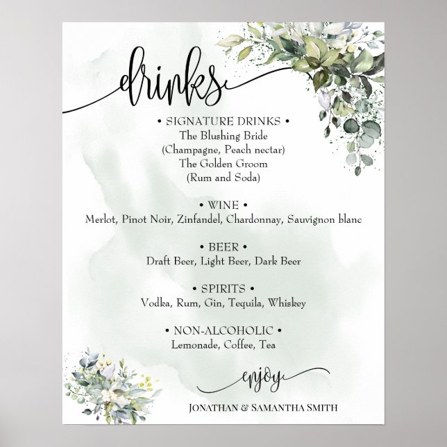 Affiche Panneau de menu des boissons mariage eucalyptus su (Devant)