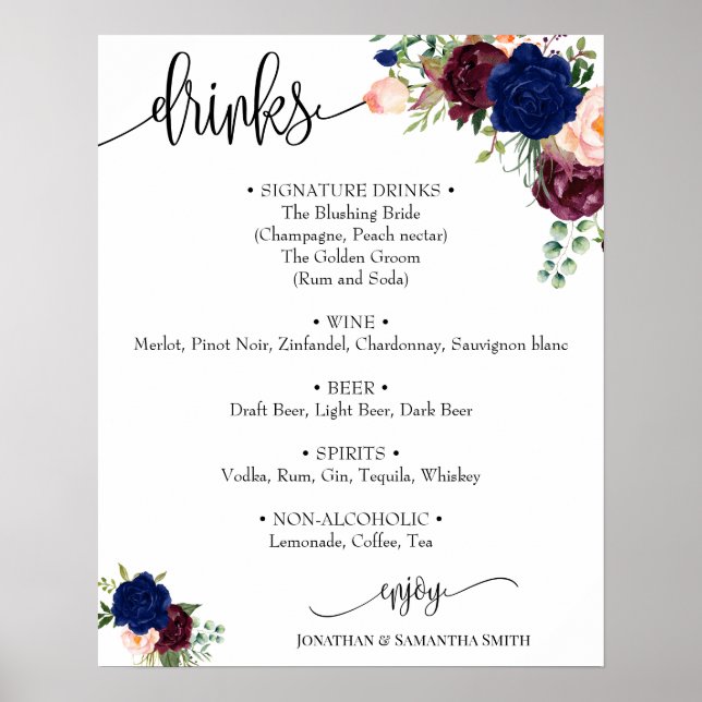 Affiche Panneau de menu des boissons mariage marine floral (Devant)