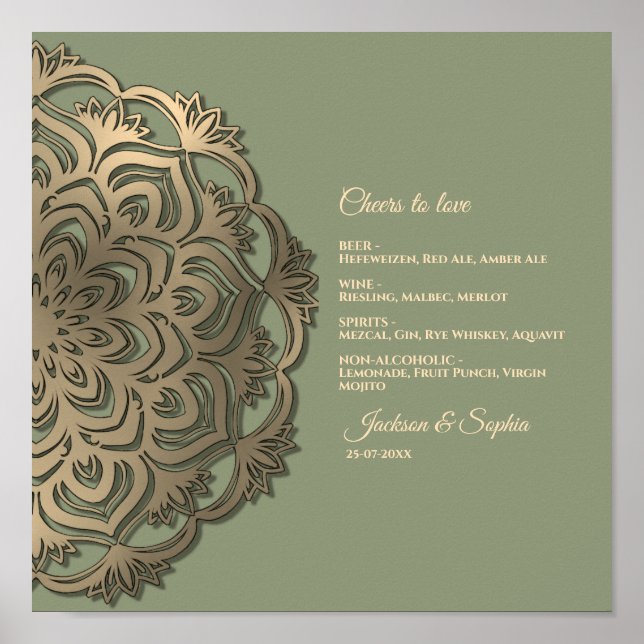 Affiche Panneau de menu élégant de luxe vert sauge et or (Devant)